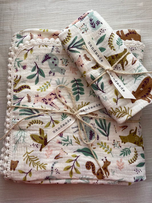 Hydrofiele doek, Swaddle boho bosdieren kant